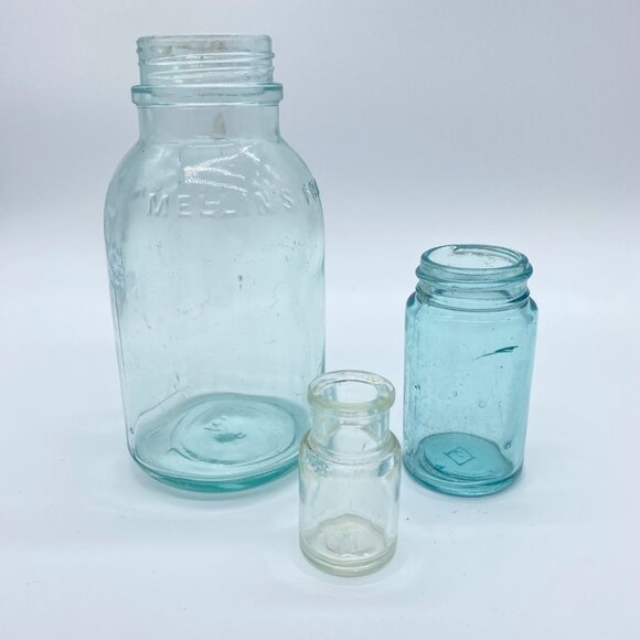 Vintage Lot of 3 Mellin's Food Jar Variety Glass Aqua Blue Clear 1 UV Reactive - Picture 5 of 16